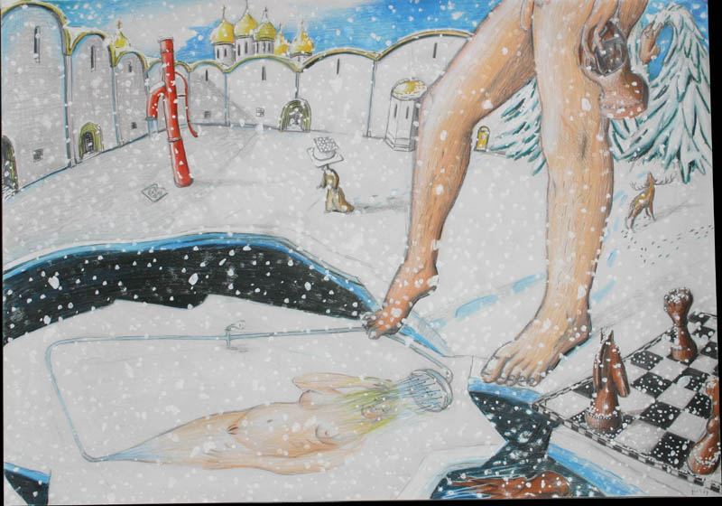 Frozen showering lady contained  in an ice floe